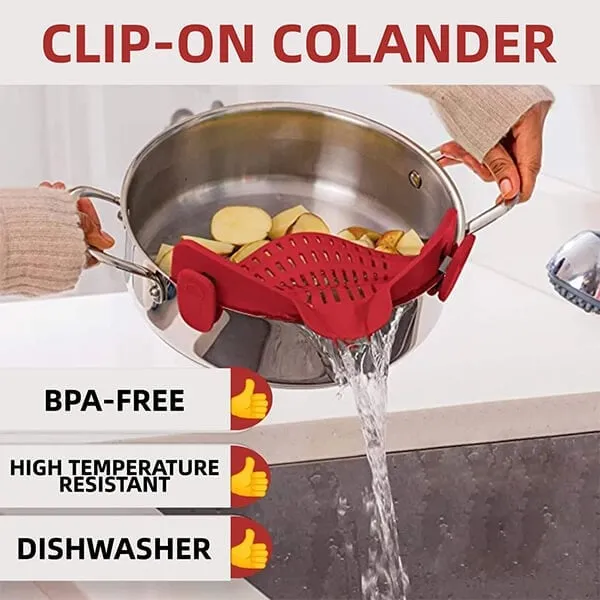Clip-on Colander hands-free draining on a kitchen counter